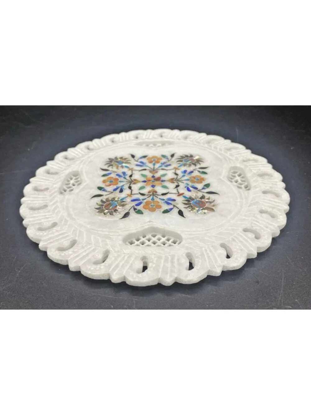 Inlaid Marble Plate Floral Stone Handmade Decor Boho Cottage 7 Inches